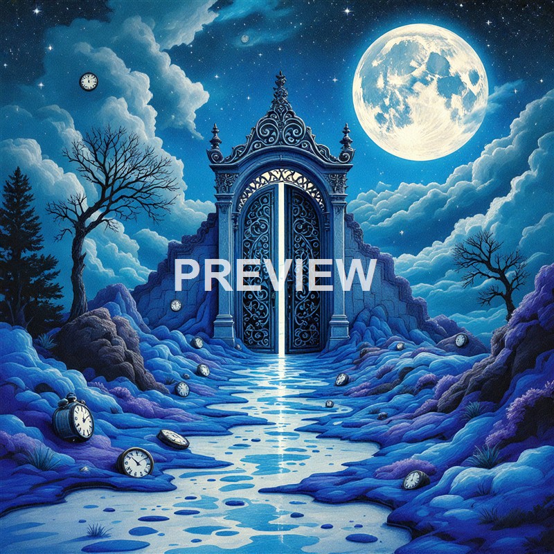 An ornate, wrought-iron gate stands open on a rocky, snow-covered landscape under a bright full moon, with scattered clocks lying on the ground and a starry night sky with clouds and leafless trees in the background.